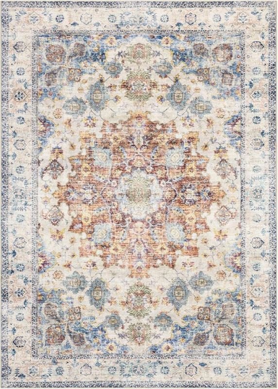 Photo 1 of Area Rug 5×7, Vintage Boho Rug,Ultra-Soft Low Pile, Washable, Non Slip,Stain Resistant Carpet for Living Room Bedrooms Playroom Office Kitchen, Light Blue