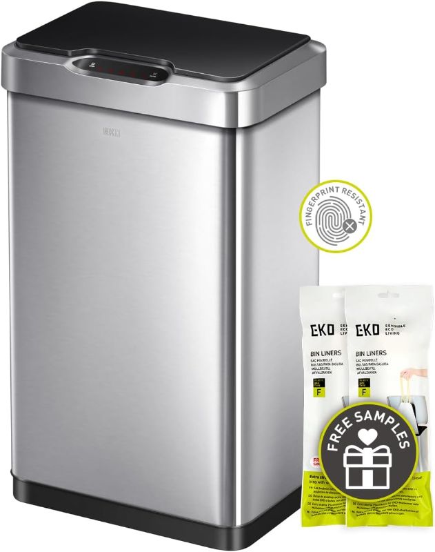 Photo 1 of EKO Mirage-T 20 Gallon Touchless Rectangular Motion Sensor Trash Can, Brushed Stainless Steel Finish