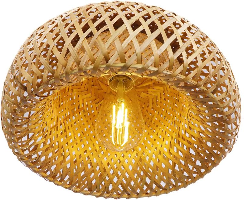 Photo 1 of 11.81inch Modern Woven Bamboo Flush Mount Ceiling Light, Boho Dome Kitchen Pendant Lighting Fixture Dining Room Entry Way Ceiling Pendant Lamp