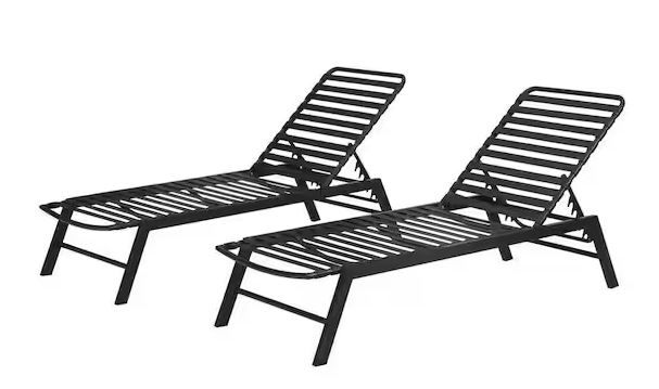 Photo 1 of Black Adjustable Outdoor Strap Chaise Lounge with Aluminum Frame (2-Pack)