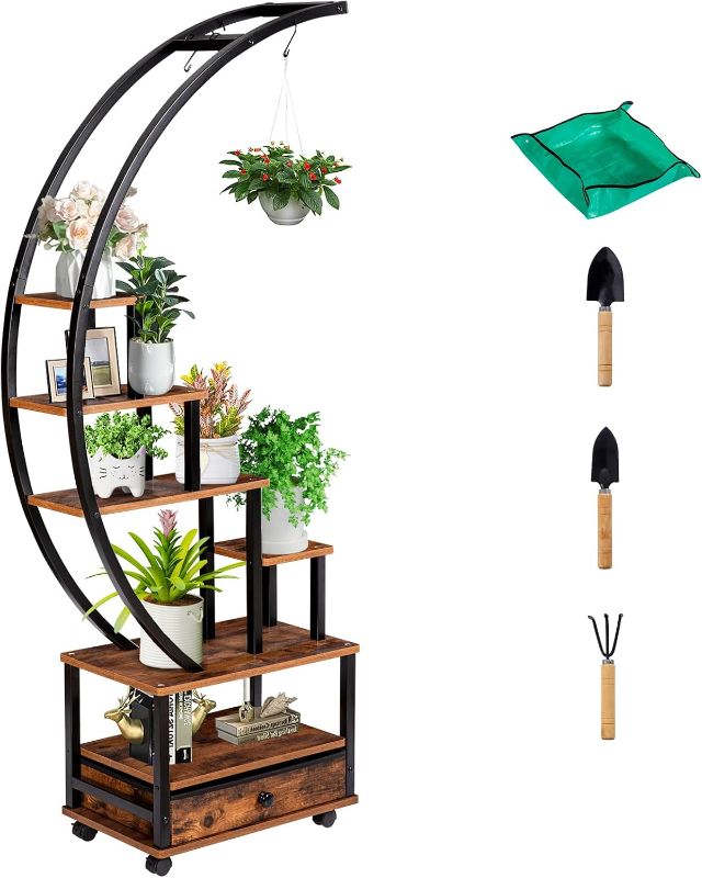 Photo 1 of 6-Tier Tall Metal Indoor Plant Stand with Lockable Wheels,Half Moon Shaped Plant Shelf Holder with Hanging Hook,Large Plant Display Stand Rack for Patio Lawn Garden Balcony