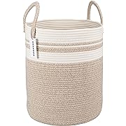 Photo 1 of  Rope Laundry Basket Hamper for Clothes Woven Storage Basket for Living Room Bedroom Boho Tall Rope Baskets for Blanket Toys Pillow Towels Baby Nursery Hamper Bin Large brown and white