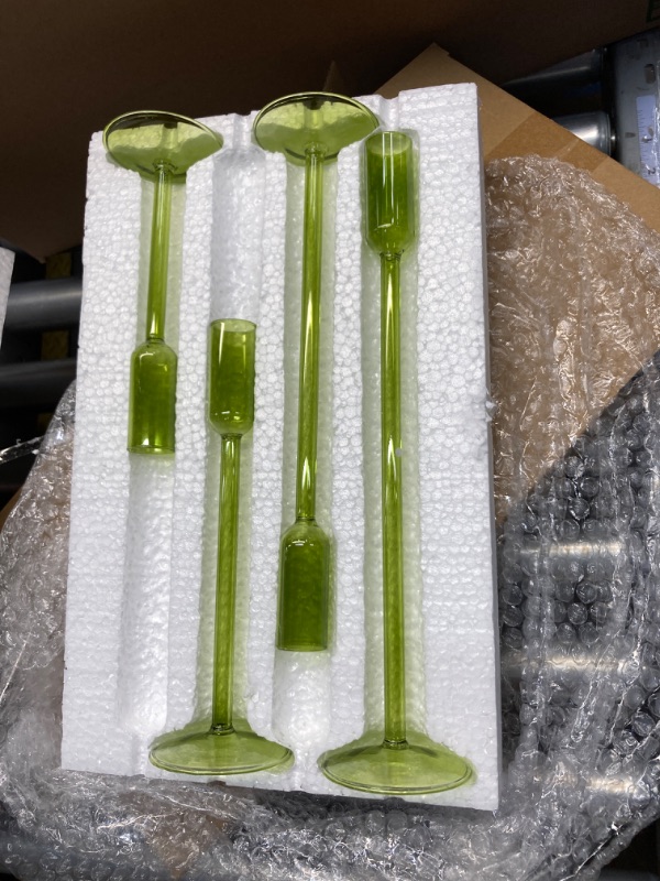 Photo 2 of 4 Pcs Taper Candlestick Holders Clear Glass Taper Candle Holders Modern Tall Candle Holder Candle Stick Holder for Table Centerpiece Wedding Holiday Party Home Decorations (Green)