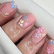 Photo 1 of ***3 PACK*** Square Press on Nails Medium, Flower Fake Nails Pink False Nails Colourful Daisy Acrylic Nails Full Cover Matte Stick on Nails Spring Summer Glue on Nails Cute Floral Artificial Nails for Women Girls