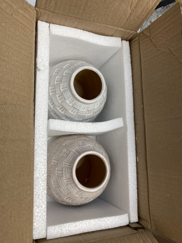 Photo 2 of Hosley Set of 2 White Weave Ceramic Vases 5.75 Inch High. Ideal Gift for Home Weddings Party Spa Meditation Home Office Reiki Meditation W5