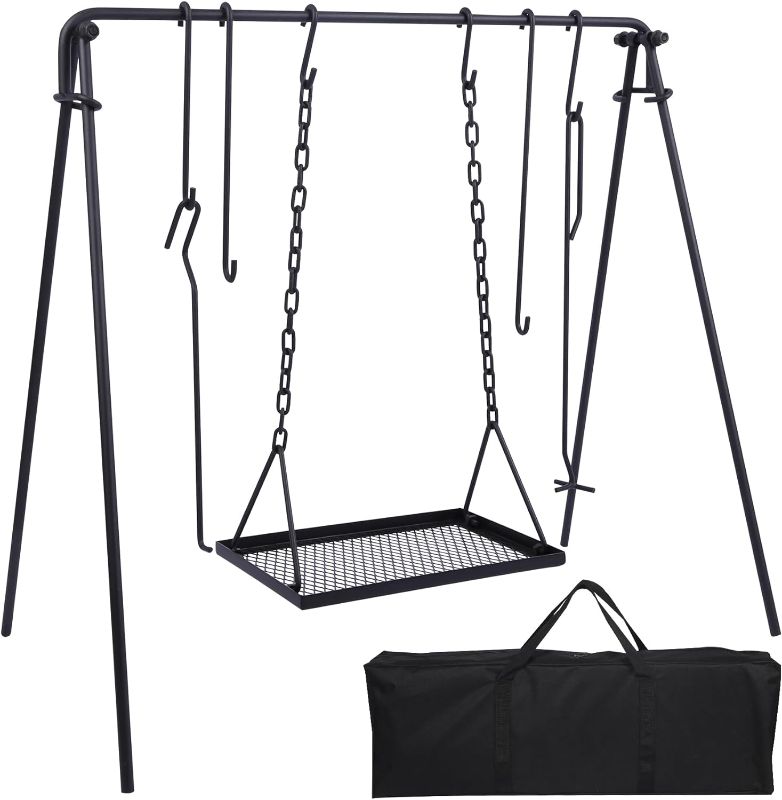 Photo 1 of  Campfire Swing Grill Stand, Portable Hanging Cooking Grill Rack with Dutch Oven Lid Lifter & Hooks for Outdoor BBQ Picnic Cookware Party