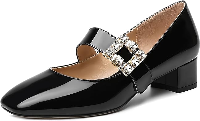 Photo 1 of Womens Rhinestone Ankle Strap Wedding Dress Square Toe Patent Bungee Solid Chunky Low Heel Pumps Shoes 1.5 Inch SIZE 7