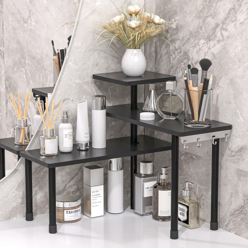 Photo 1 of JayRex Bathroom Organizer Countertop Corner Shelf, 3 Tier Shelf Moveable Shelf Organizer for Bathroom Counter, Make Up, Dresser Table, Desktop shelf (Black)
