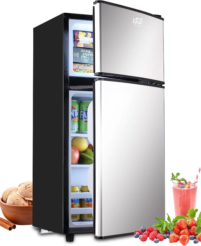 Photo 1 of **** ONE OF THE SHELF IS BROKEN (GLASS)*** KRIB BLING 3.5Cu.Ft Compact Refrigerator Mini Fridge with Freezer, Small Refrigerator with 2 Door, 7 Level Thermostat Removable Shelves for Kitchen, Dorm, Apartment, Bar, Office Silver
