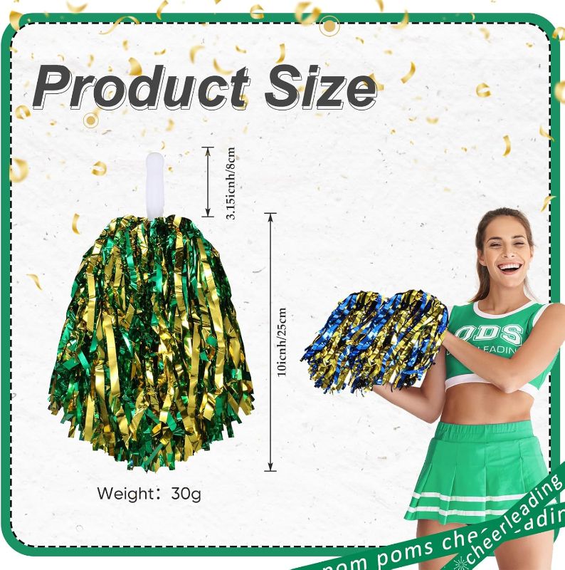 Photo 1 of 100Pcs Metallic Cheerleading Pom Poms with Baton Handle Cheerleader Pompom Foil Cheer Pom Poms 30g Cheering Squad Hand Flowers for Kids Adults Team Spirit Sports Party Cheering (Green and Gold)