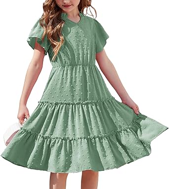 Photo 1 of BesserBay Fall Girls Ruffle Trim Long Sleeve Swiss Dot Ruffle Collar Midi Dress 4-14 Years