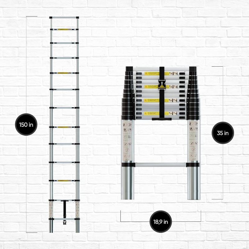 Photo 1 of 12.5 FT Folding Telescoping Ladder, Aluminum Extendable Ladder with 2 Detachable Hooks, Retractable Telescopic Extension Ladder for Indoor Or Outdoor, Lightweight Collapsible Telescoping Ladders Silver