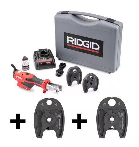 Photo 1 of ***MISSING JAWS*** aRIDGID 72553 Model RP 115 Mini Press Tool and Battery Kit with 1/2" to 3/4" ProPress Press Tool Jaws, 2V Li/Ion Battery, 12V Charger, and Carrying Case , Red