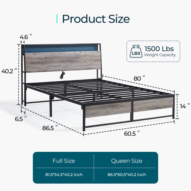 Photo 1 of Linsy Home Full Size Platform Bed Frame with Headboard and 3 Storage Shelves, Metal Bed with Lights, Outlets & USB, Light Grey