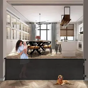 Photo 1 of 137 Inch Extra Wide Retractable Baby Gates Extra Long Dog Gate Wide Opening Indoor Mesh Child Safety Gates Large Pet Gate 35" Tall for Dogs, Stairs, Doorways, Hallways, Outdoor 35" Tall x138" Wide