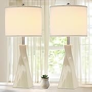 Photo 1 of 29 Inch Table Lamp Set of 2, Off-White Ceramic Nightstand Lamps with Rotary Switch, Bedside Lamp with E26 Base & Fabric Lampshade, Modern End Table Tall Lamps for Bedroom Living Room Entryway