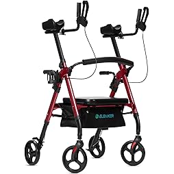 Photo 1 of ELENKER Heavy Duty Upright Rollator Walker with Extra Wide Padded Seat and Backrest, Bariatric Stand Up Rolling Walker, Fully Adjustment Frame for Seniors, Red