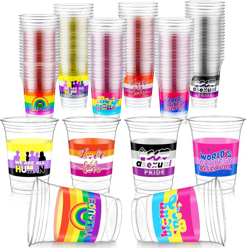 Photo 1 of  120 Pcs 16oz Rainbow Pride Plastic Cups, 6 Mixed Disposable Pride Cups with Rainbow, Pansexual, Lesbian, Bisexual, Non Binary, and Asexual Design for LGBTQ Rainbow Party Supplies