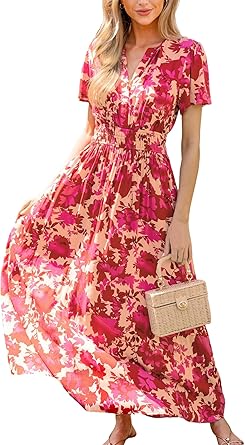 Photo 1 of CUPSHE Maxi Dress for Women 2024 V Neck Floral Short Sleeve Ruched Waist Beach Long Dress Summer Vacation Dress