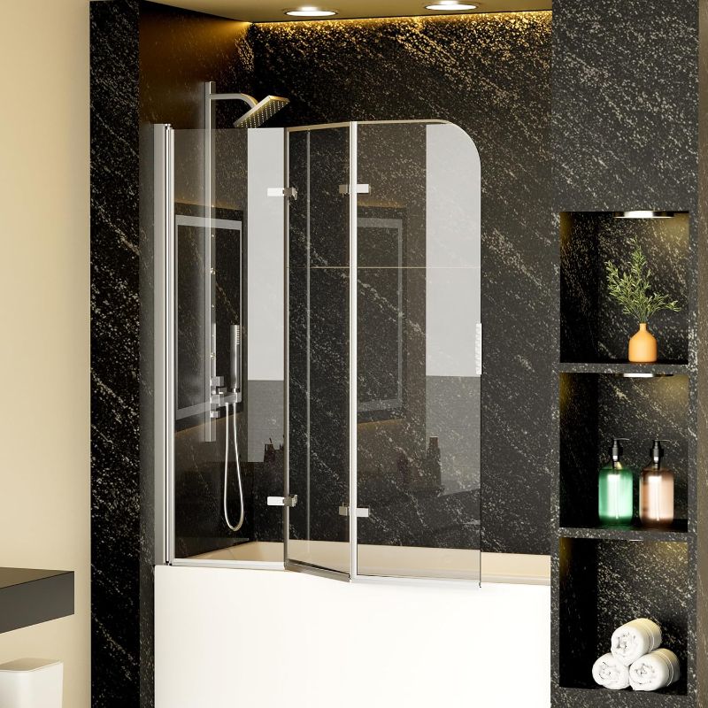 Photo 1 of Bathtub Shower Door - 35" x 55" Glass: Clear, 1/4" (6MM) , Frameless Shower Door with Foldable Hinged Design, Clear Tempered Glass Bathtub Door, Polished Chrome Finish, Reversible Installation Option