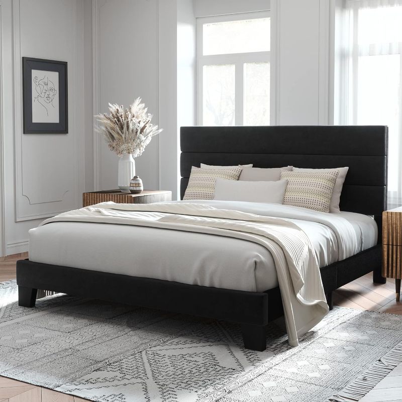 Photo 1 of Allewie King Size Platform Bed Frame with Velvet Upholstered Headboard and Wooden Slats Support, Fully Upholstered Mattress Foundation/No Box Spring Needed/Easy Assembly, Black
