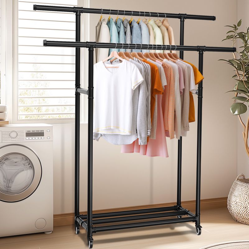 Photo 1 of 650LBS Double Rail Clothes Rack Heavy Duty Thick Garment Rack 360° Rotate Large Rolling Clothing Rack With Wheel Brakes Storage Shelf for Home Hanging
