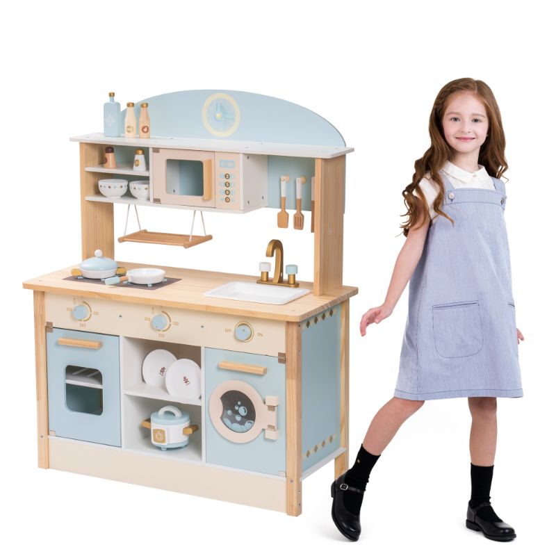 Photo 1 of Robud Luxury Kids Play Kitchen Playset, Wooden Pretend Playset with Microwave Oven, Clock,Towel Rack,Toy for Toddler,Blue
