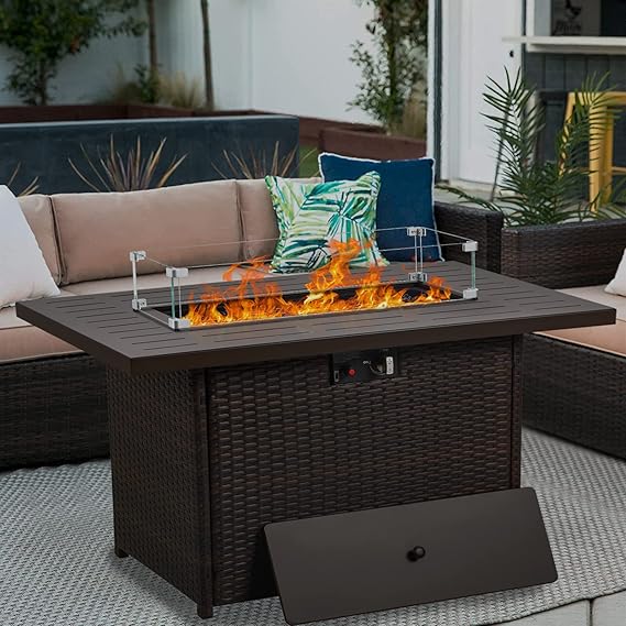 Photo 1 of Propane Fire Pit Table,44 Inch 55000 BTU Outdoor Gas Fire Pit Rectangular with Glass Wind Guard for Outside Patio Deck (Brown-Aluminum Top)