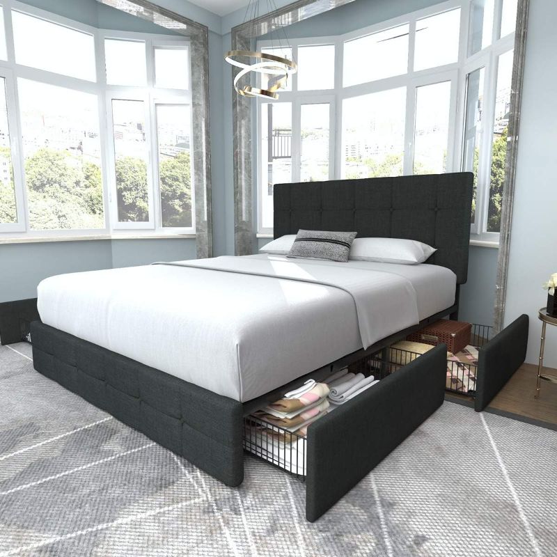 Photo 1 of Allewie Upholstered Queen Size Platform Bed Frame with 4 Storage Drawers and Headboard, Square Stitched Button Tufted, Mattress Foundation with Wooden Slats Support, No Box Spring Needed, Dark Grey