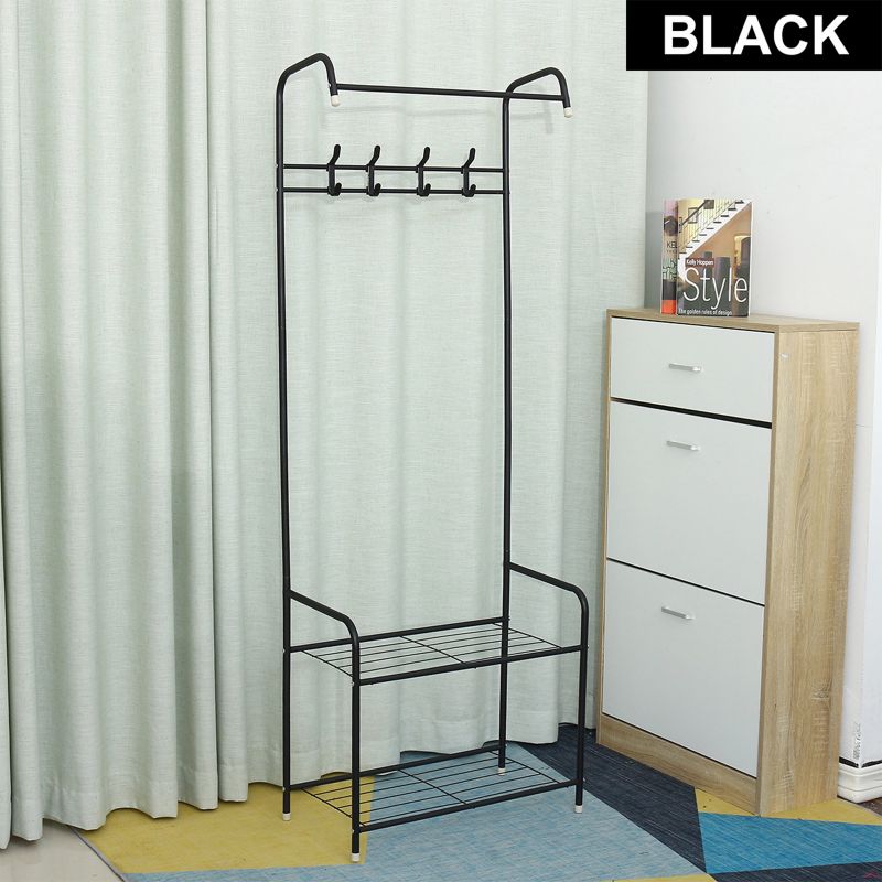 Photo 1 of 3-in-1 Entryway Shoe and Coat Rack, Hall Tree Metal Coat Stand koi with Bench Coat Hanger, Clothes Stand Shoe Rack Bedroom Storage Shelf Organizer, 2 Shelves for Space Saving
