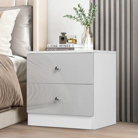 Photo 1 of Hommpa 2 Drawers Nightstand High Gloss Bedside Table Modern Night Stand White Gray with 2 Drawers for Bedroom
