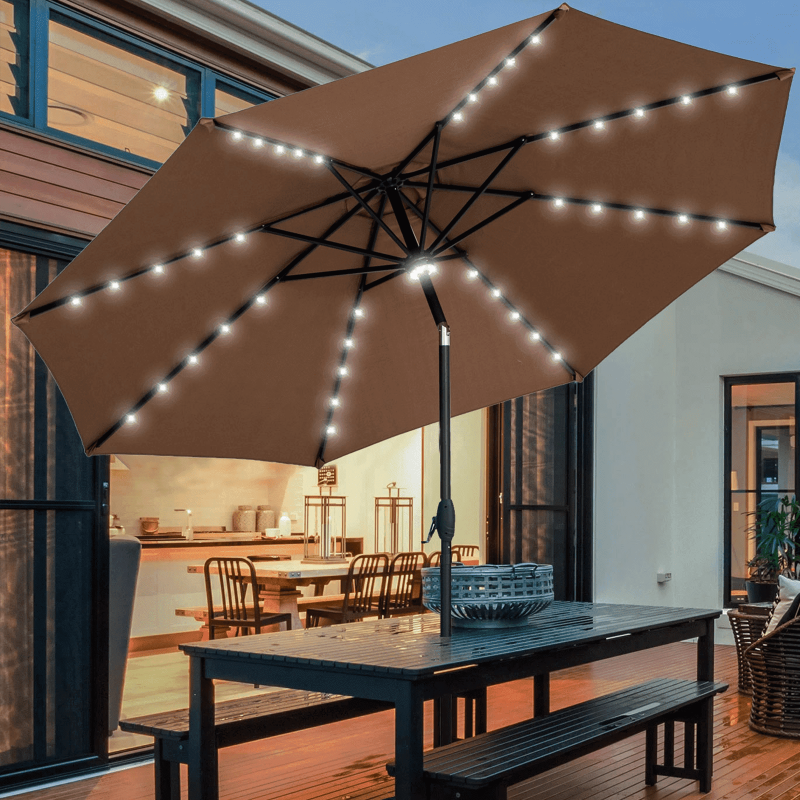 Photo 1 of Autlaycil 10 ft Solar Patio Umbrellas with 40 LED lights for Market Outdoor Pool, Steel Tilt Crank, Coffee, Brown
