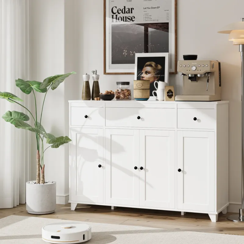 Photo 1 of Homfa 47'' Buffet Cabinet, White Sideboard Storage Cabinet with 3 Drawers, Modern Coffee Bar Cabinet for Kitchen Dining Living Room
