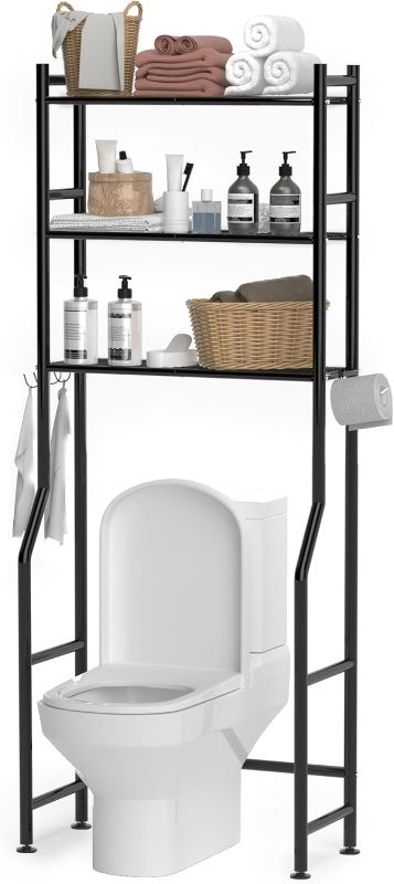 Photo 1 of 3-Tier Over The Toilet Storage, Space Saver Metal Bathroom Shelves, Freestanding Above Over Toilet Storage Shelf with 4 Hooks for Bathroom, Black