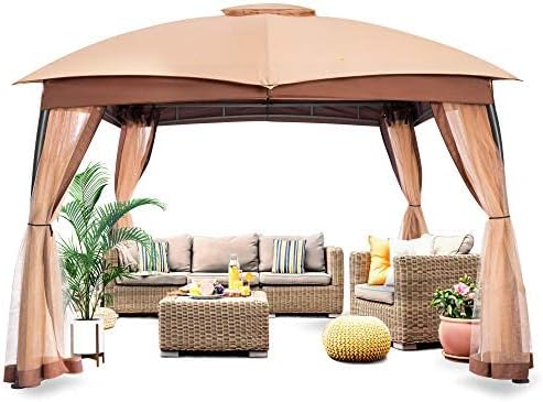 Photo 1 of 10x12 Gazebo for Patio, Double Vent Canopy Gazebo with Privacy Netting Screen, Outdoor Heavy Duty Steel Patio Gazebo, Waterproof and Portable Gazebo for Deck Backyard Lawn and Garden (Khaki)
