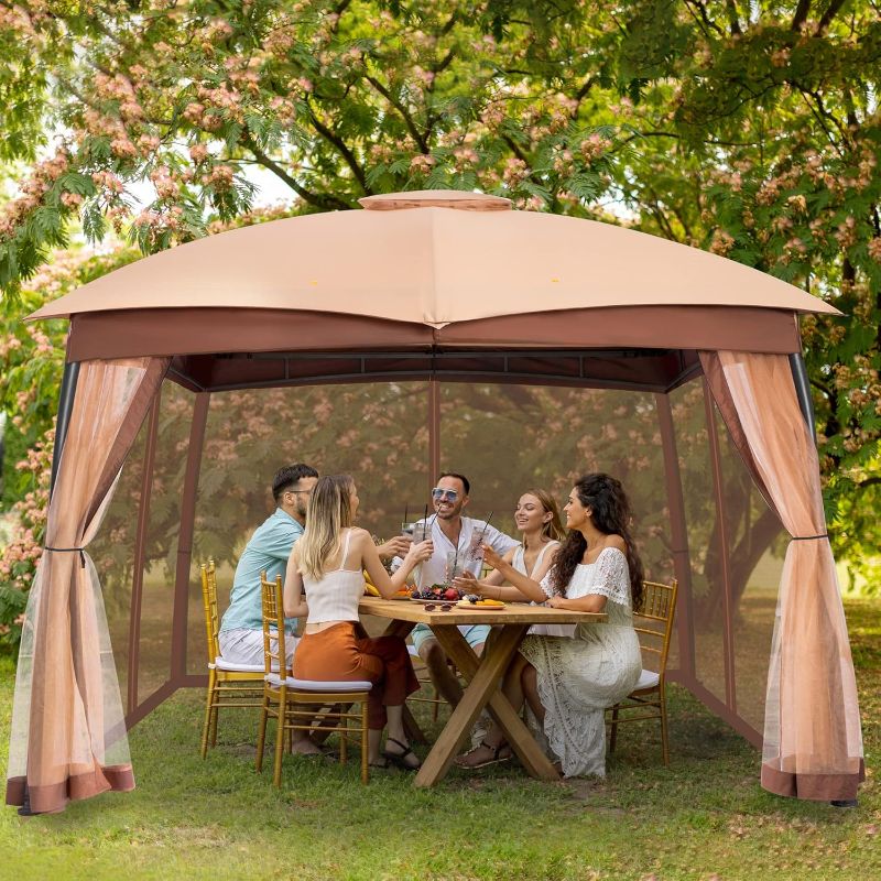 Photo 1 of 10x12 Gazebo for Patio, Double Vent Canopy Gazebo with Privacy Netting Screen, Outdoor Heavy Duty Steel Patio Gazebo, Waterproof and Portable Gazebo for Deck Backyard Lawn and Garden (Khaki)
