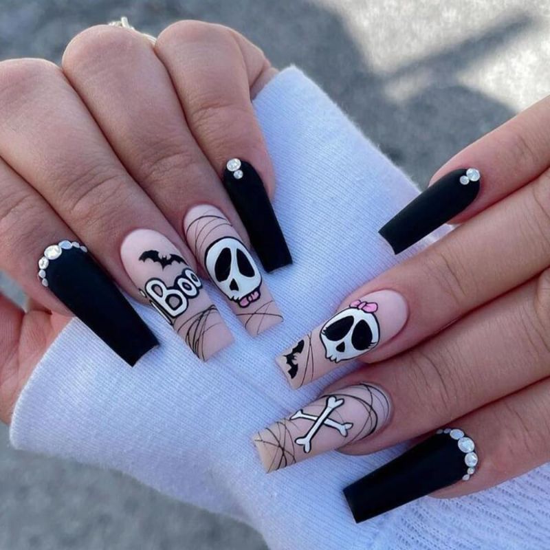 Photo 1 of  *** MIXED BUNDLE *** Halloween French Tip Press on Nails Black Medium Coffin Fake Nails Bow Tie Skull Face False Nail Full Cover Artificial Acrylic Glue on Nails Tips Finger Manicure for Women and Girls 24Pcs - 2pk bundle | Christmas Press on Nails Long 