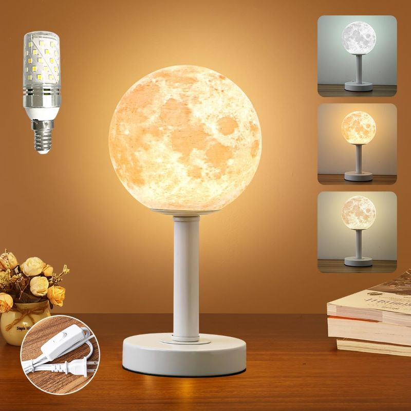 Photo 1 of 3D Moon Lamp White Bedside Table Lamps for Bedroom Small Modern Desk Lights with 3 Lighting Modes Dimmable Button Control for Living Room,Kids Room, Reading Room Decorations LED Bulb Included
