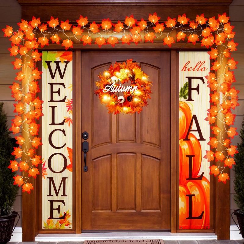 Photo 1 of 3 Pcs Fall Decorations for Front Door, LED Fall Wreaths& Maple Leaf String Light& Welcome and Hello Fall Signs Porch Banners, Artificial Pumpkin Pinecone Wreath, for Thanksgiving Home Decor
