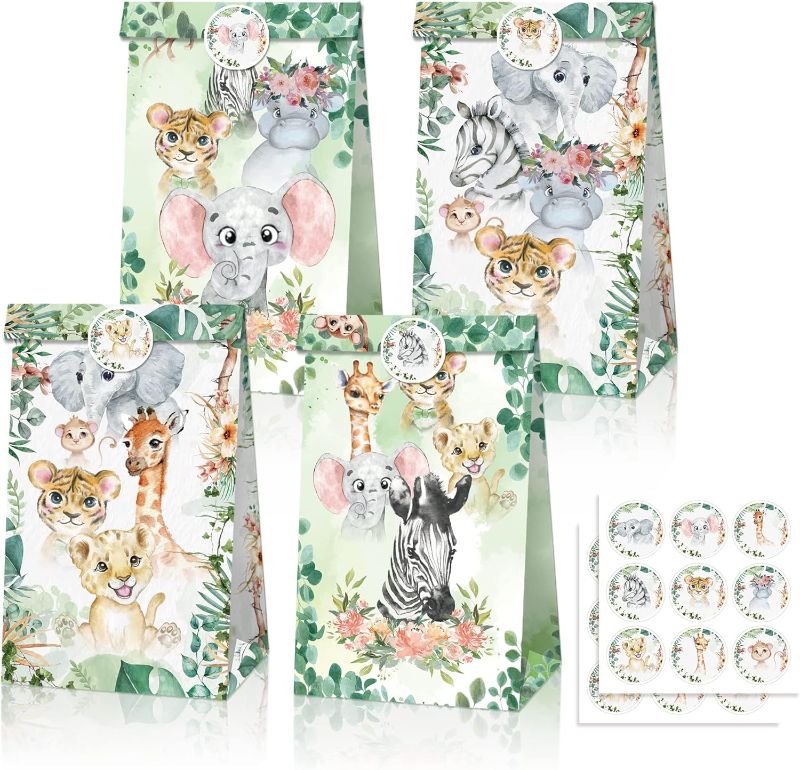 Photo 1 of 12 Pack Jungle Animal Party Goodie Bags Floral Wild Animals Theme Birthday Party Decorations Snacks Candy Treat Paper Bags with Stickers Party Favor Bag for Kids Birthdays Baby Showers - 3pk bundle