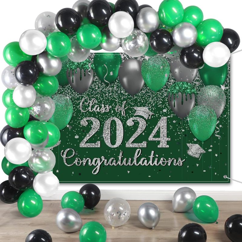 Photo 1 of Buryeah Graduation Backdrop Decoration Set Class of 2024 Glitter Graduation Photography Background Latex Balloon Congrats Grad Backdrop Banner for Grad Theme Party Photo Prop Decor(Green and Silver)
