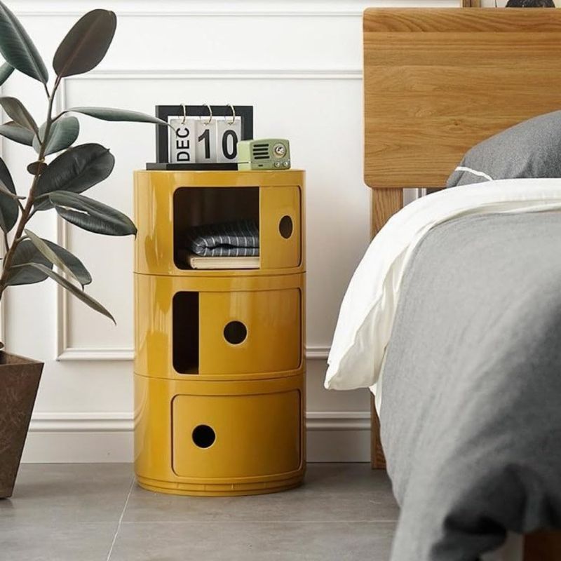 Photo 1 of COZYMATIC 3 Tier Round Nightstand with Storage, Modern Style Side Table, Small Cupboard Cabinet with 3 Drawers for Living Room, Bedroom, Bathroom, Narrow Space, Yellow, Pink (Yellow)