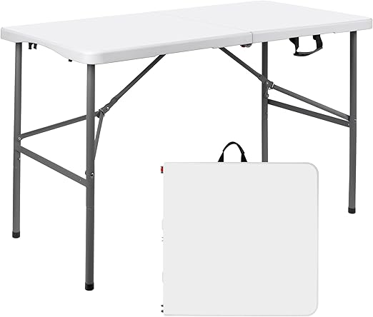 Photo 1 of  Folding Table,Heavy Duty Foldable Table with Carrying Handle,Fold-in-Half Adjustable Outdoor Camping Table Plastic Picnic Table for Party,Wedding,Kitchen,Beach,White-Straight Legs