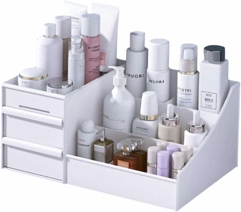 Photo 1 of 
Makeup Desk Organizer with Drawers, Countertop Organizer for Cosmetics, Vanity Holder for Lipstick, Brushes, Lotions, Eyeshadow, Nail Polish and Jewelry (White)