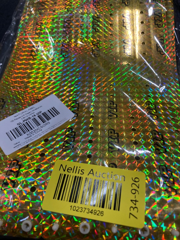 Photo 1 of 100 Pieces VIP Plastic Wristbands Holographic Gold Party Wristbands for Events Vinyl Wristbands for Club Party Bracelets for Concerts Arm Bands for Fair Waterproof Durable Wrist Bands