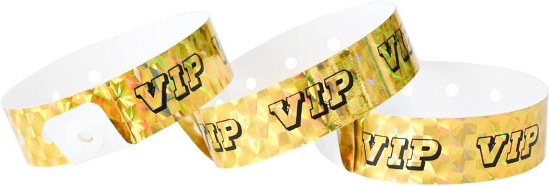 Photo 2 of 100 Pieces VIP Plastic Wristbands Holographic Gold Party Wristbands for Events Vinyl Wristbands for Club Party Bracelets for Concerts Arm Bands for Fair Waterproof Durable Wrist Bands