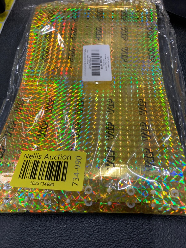 Photo 2 of 100 Pieces VIP Plastic Wristbands Holographic Gold Party Wristbands for Events Vinyl Wristbands for Club Party Bracelets for Concerts Arm Bands for Fair Waterproof Durable Wrist Bands