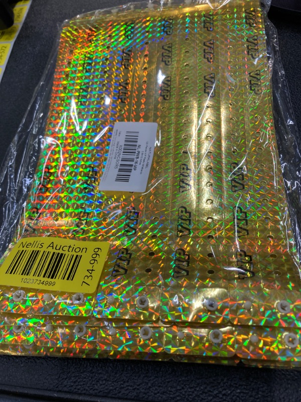 Photo 2 of 100 Pieces VIP Plastic Wristbands Holographic Gold Party Wristbands for Events Vinyl Wristbands for Club Party Bracelets for Concerts Arm Bands for Fair Waterproof Durable Wrist Bands