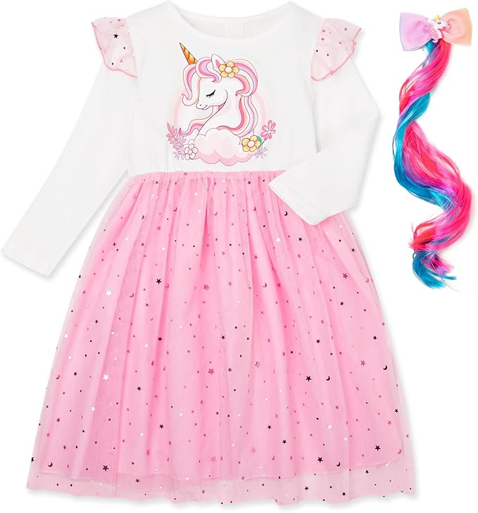 Photo 1 of  Unicorn Dress Casual Swing Party Shirt Tutu Dress with Braids Hair 2PCS - 5T