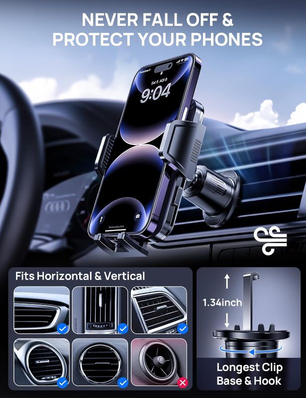 Photo 1 of [2024 Newest] Car Vent Phone Mount, [Upgrade Hook Clip Never Shake] Adjustable 360 Rotation Vent Clip Car Phone Holder Mount, Big Phone & Thick Case Friendly Fit for All iPhone, Samsung & Cell Phone
